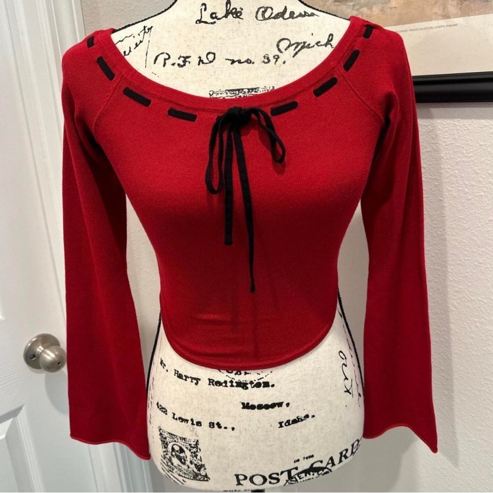 Garage Red Tie-Front Long Sleeve Crop Top